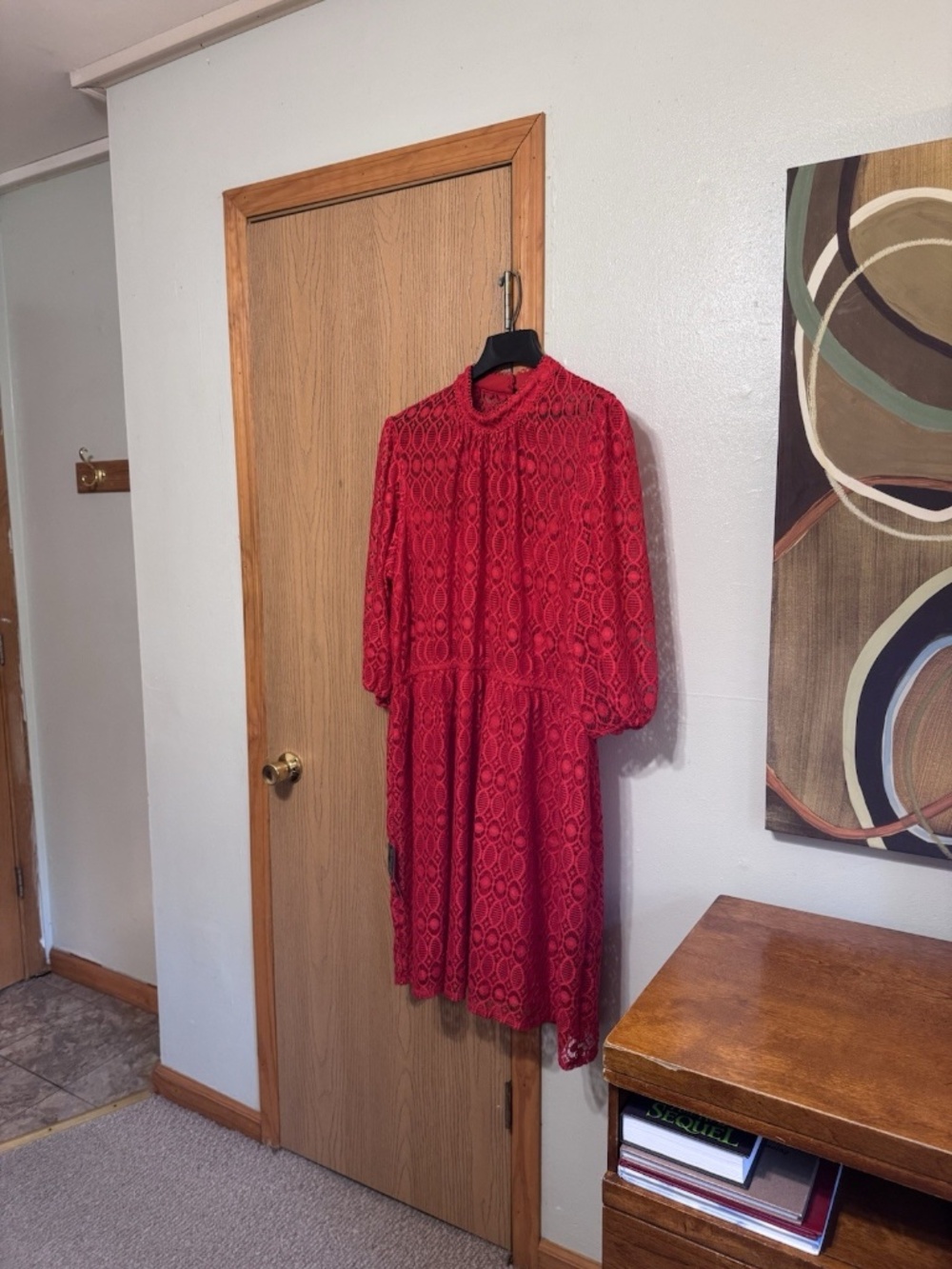Lane Bryant NWT Size 28 Red 3/4 Sleeve A-Line Mid-Calf Mockneck Dress w/Lace